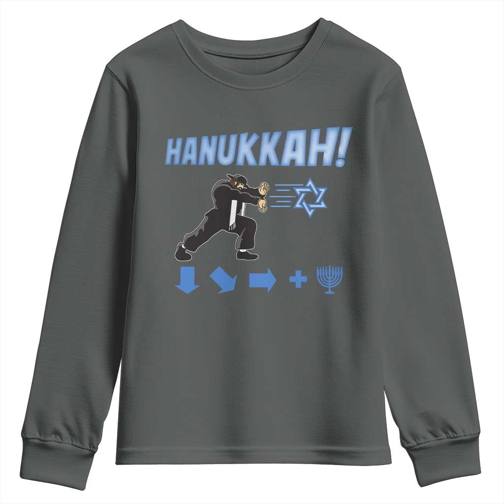 Funny Hanukkah Arcade Game Youth Sweatshirt Jewish Fighter Menorah Star Of David TS11 Dark Heather Print Your Wear