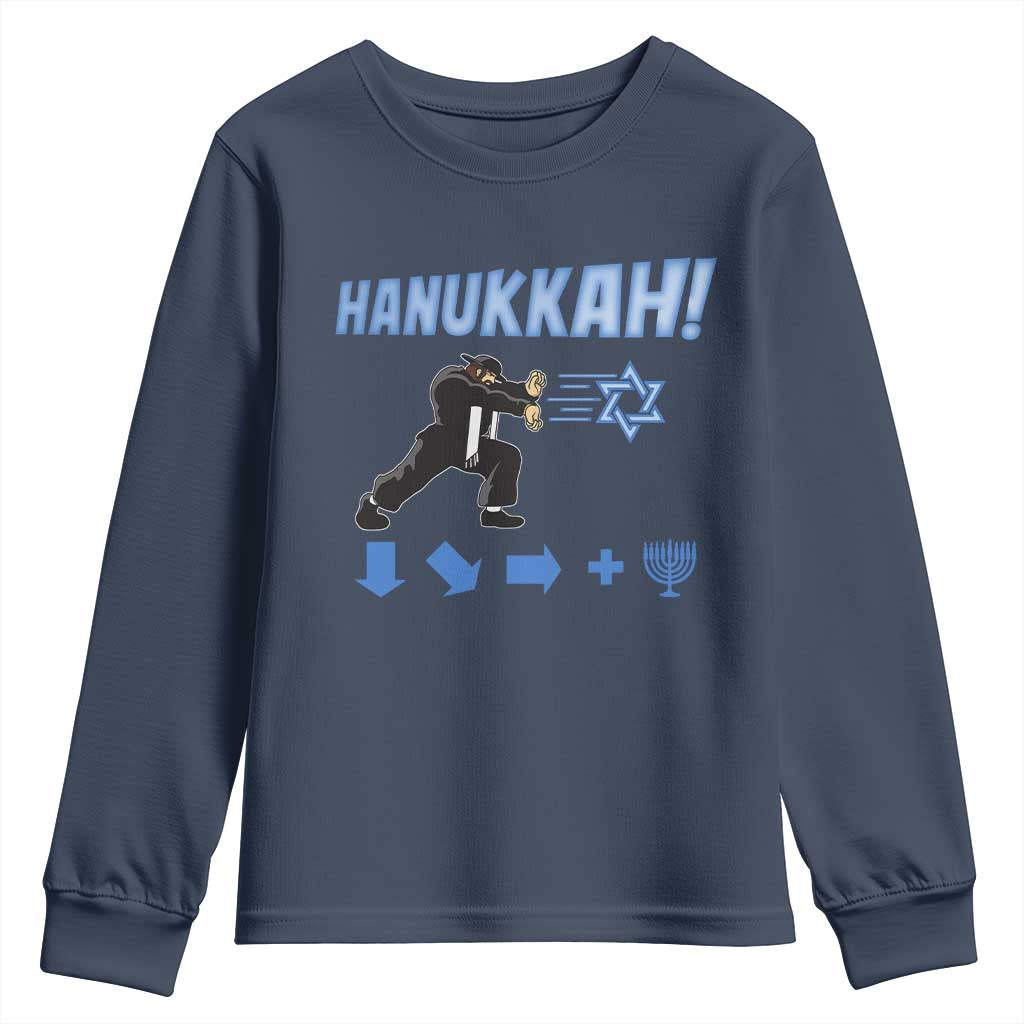Funny Hanukkah Arcade Game Youth Sweatshirt Jewish Fighter Menorah Star Of David TS11 Navy Print Your Wear