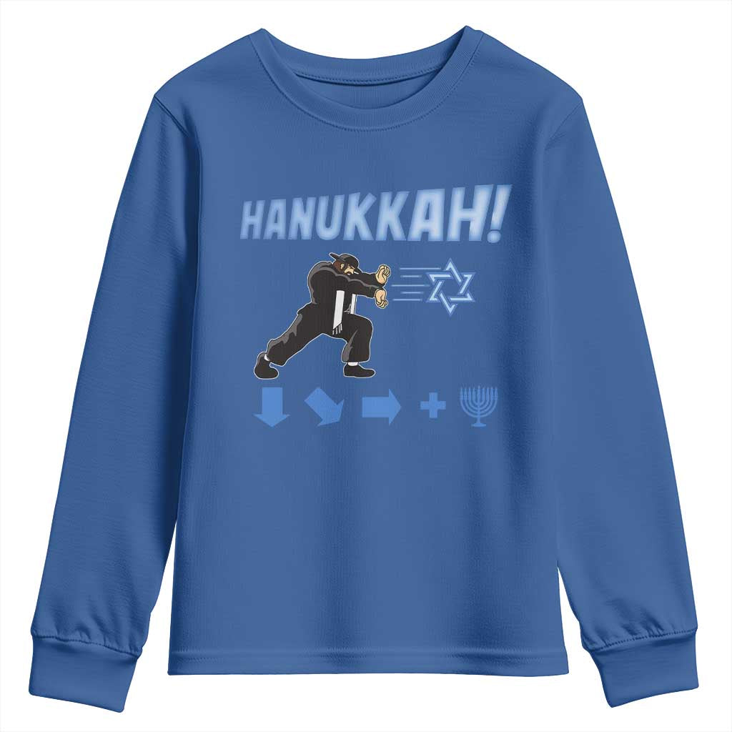 Funny Hanukkah Arcade Game Youth Sweatshirt Jewish Fighter Menorah Star Of David TS11 Royal Blue Print Your Wear