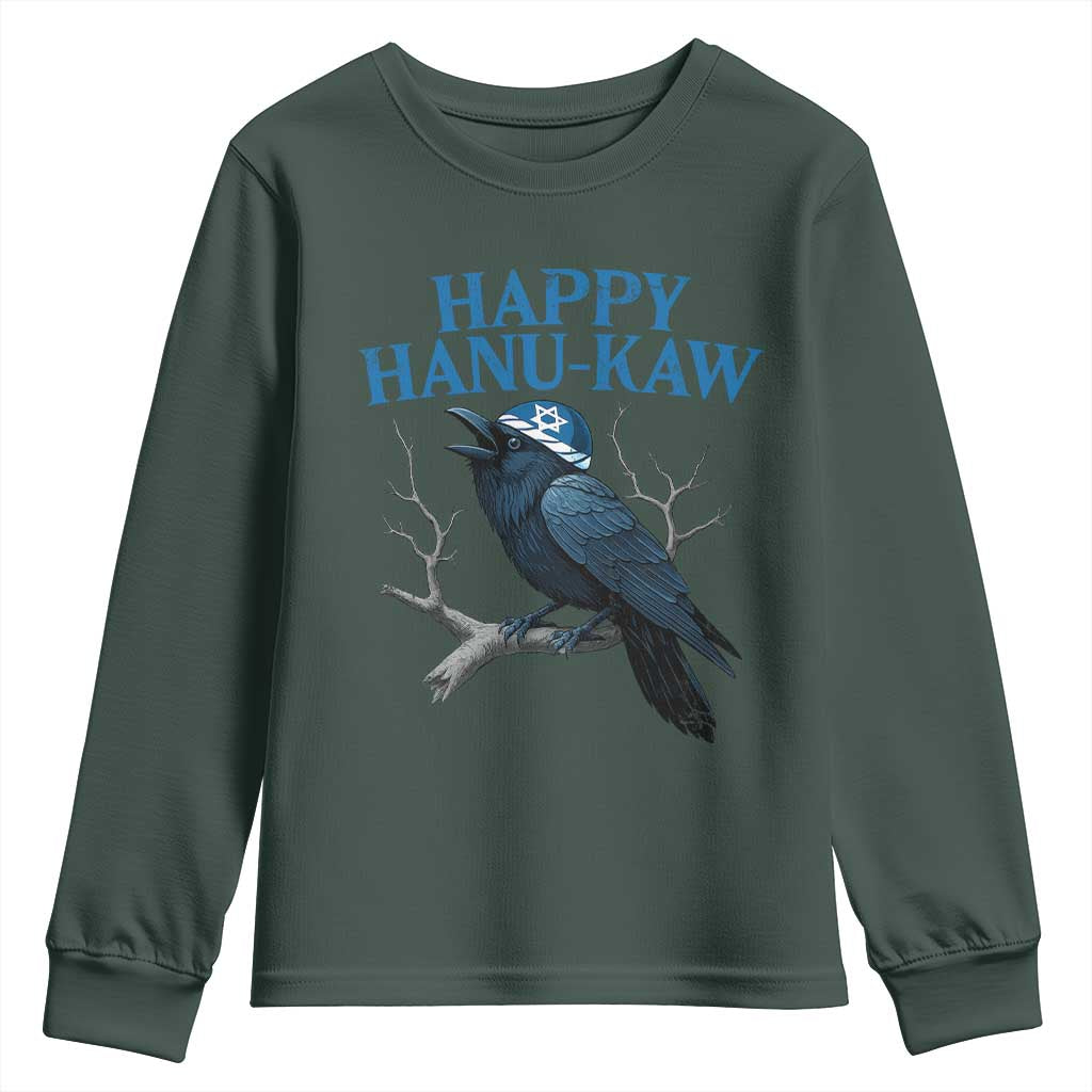 Funny Hanukkah Crow Youth Sweatshirt Happy Hanukaw Jewish Holiday TS11 Dark Forest Green Print Your Wear