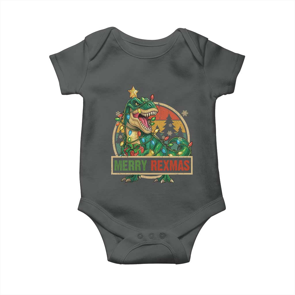Funny Christmas Dinosaur Baby Onesie Merry Rexmas Dino Xmas Tree TS11 Dark Heather Print Your Wear