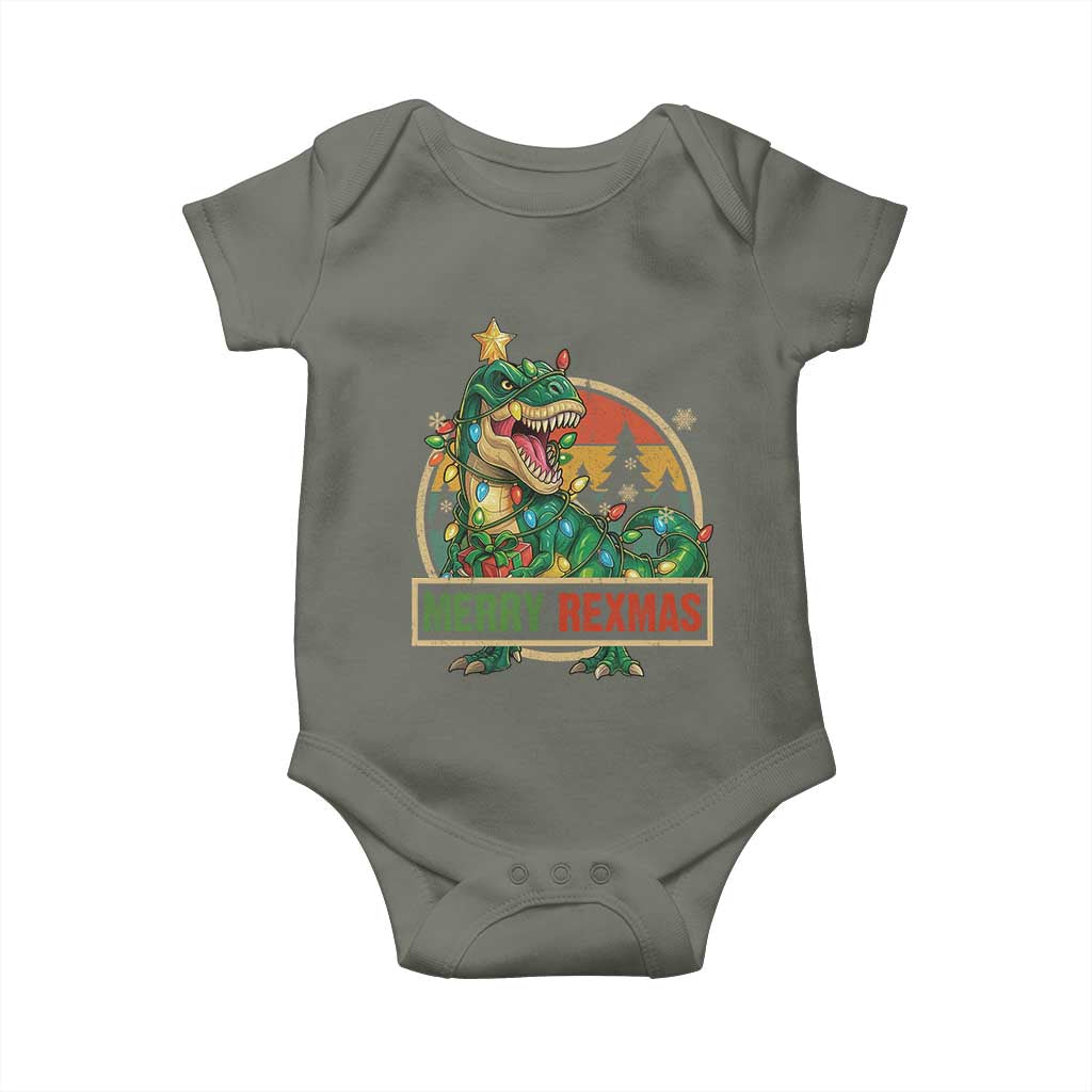 Funny Christmas Dinosaur Baby Onesie Merry Rexmas Dino Xmas Tree TS11 Military Green Print Your Wear