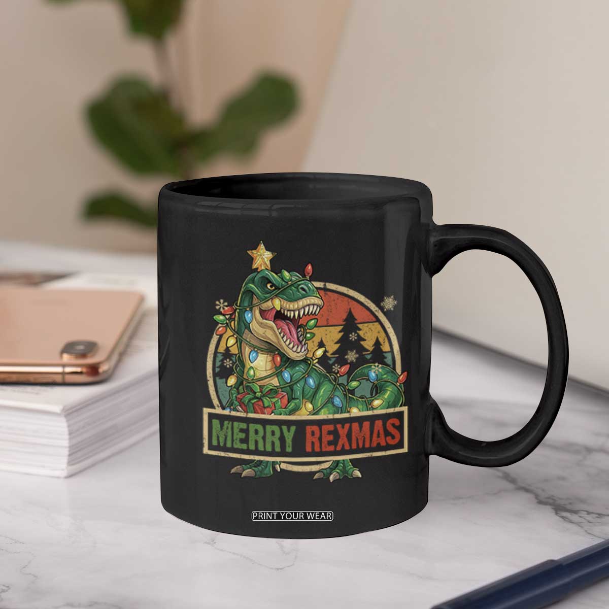 Funny Christmas Dinosaur Coffee Mug Merry Rexmas Dino Xmas Tree - Print Your Wear