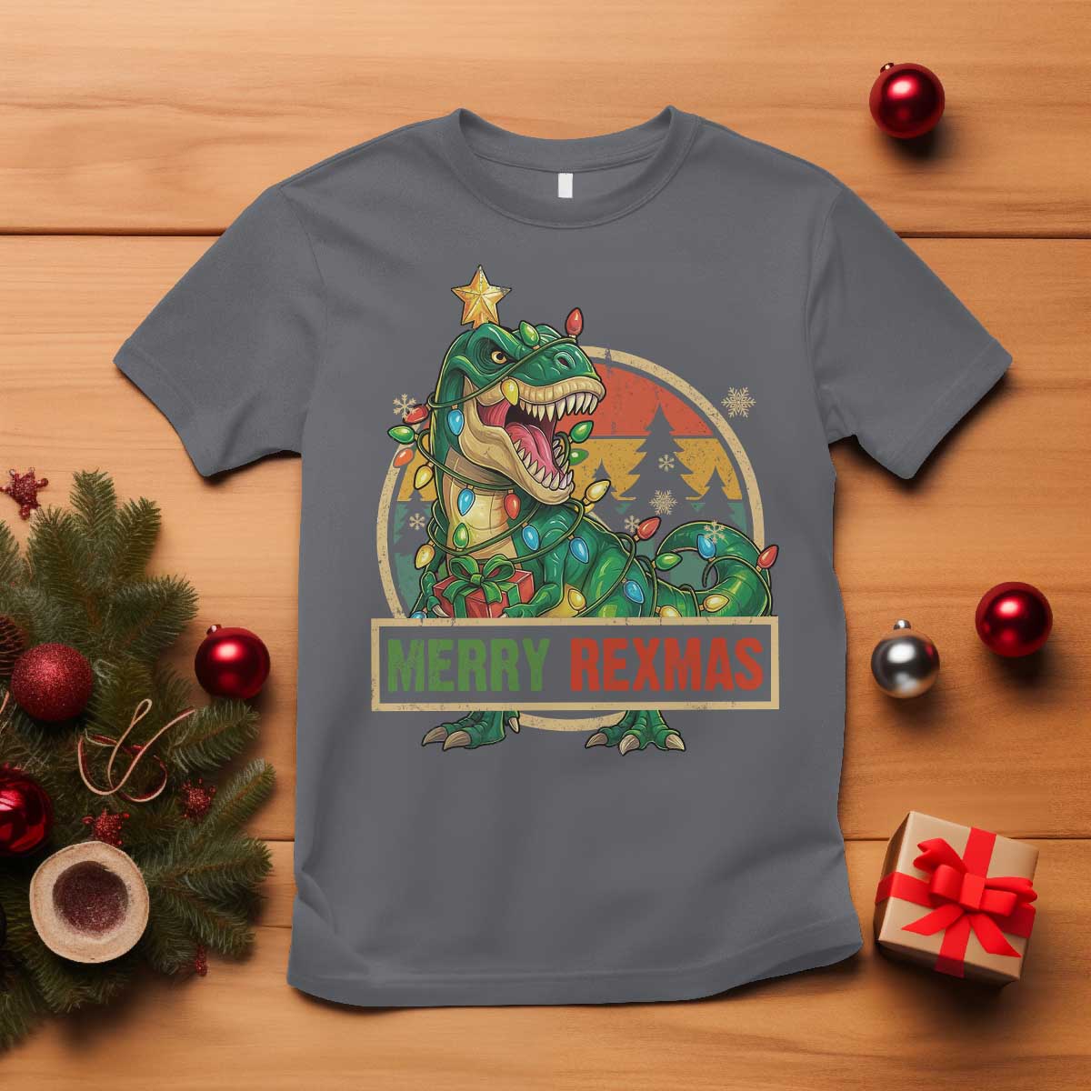 Funny Christmas Dinosaur T Shirt Merry Rexmas Dino Xmas Tree TS11 Charcoal Print Your Wear
