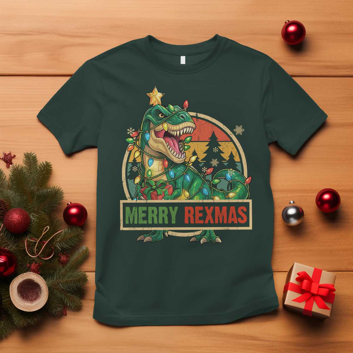 Funny Christmas Dinosaur T Shirt Merry Rexmas Dino Xmas Tree TS11 Dark Forest Green Print Your Wear