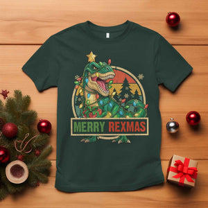 Funny Christmas Dinosaur T Shirt Merry Rexmas Dino Xmas Tree TS11 Dark Forest Green Print Your Wear