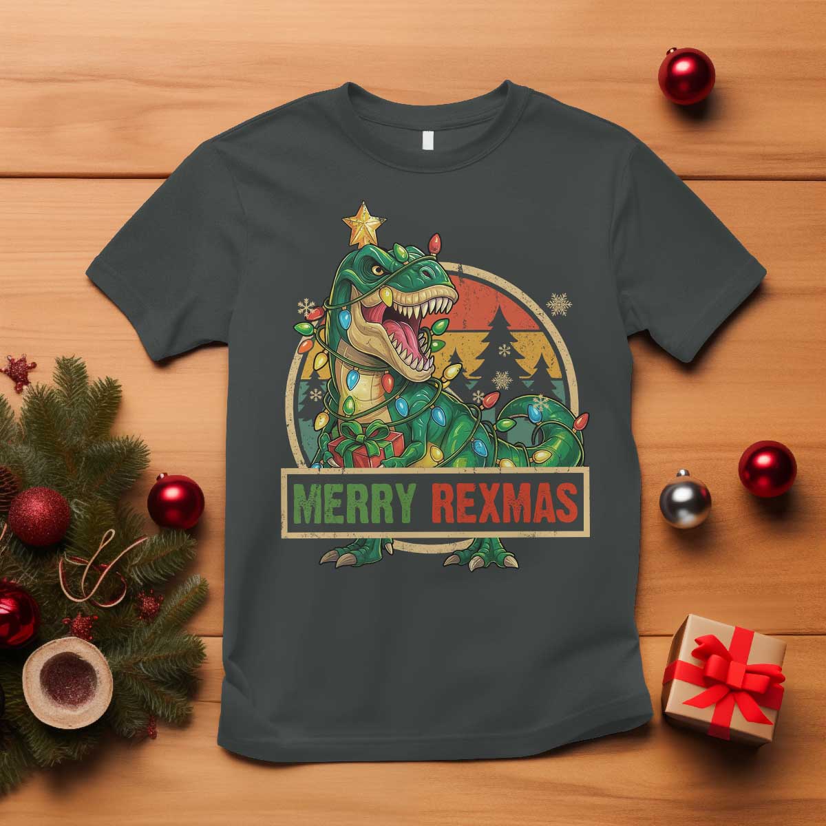 Funny Christmas Dinosaur T Shirt Merry Rexmas Dino Xmas Tree TS11 Dark Heather Print Your Wear