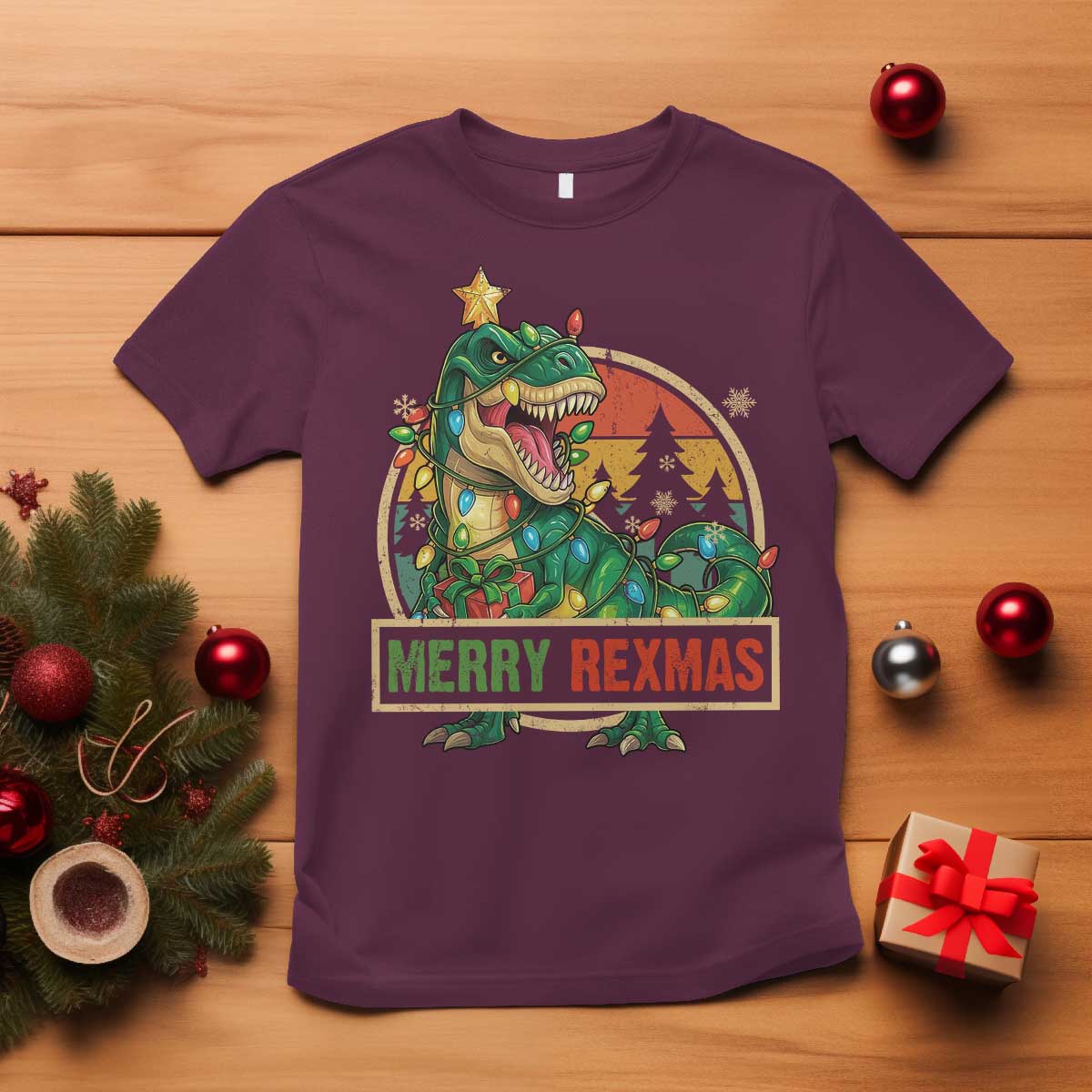 Funny Christmas Dinosaur T Shirt Merry Rexmas Dino Xmas Tree TS11 Maroon Print Your Wear