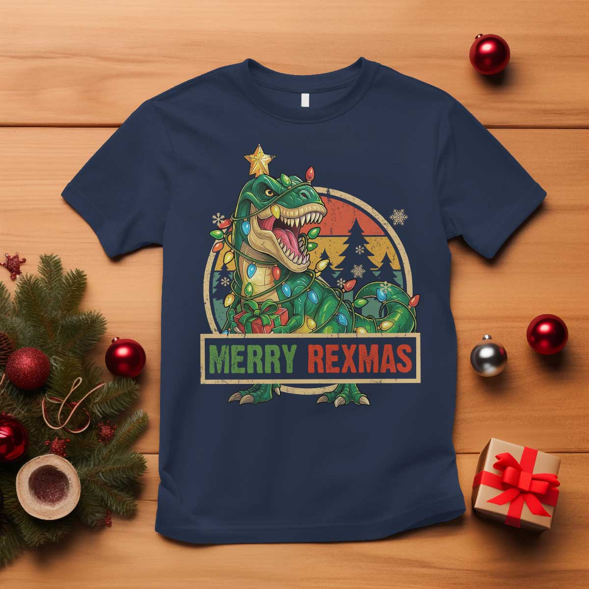 Funny Christmas Dinosaur T Shirt Merry Rexmas Dino Xmas Tree TS11 Navy Print Your Wear