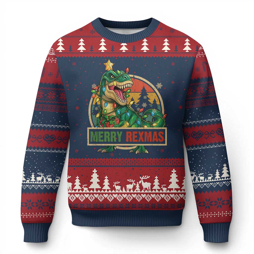 Funny Xmas Dinosaur Ugly Christmas Sweater Merry Rexmas Dino Xmas Tree TS11 Navy Red Print Your Wear