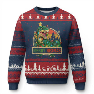 Funny Xmas Dinosaur Ugly Christmas Sweater Merry Rexmas Dino Xmas Tree TS11 Navy Red Print Your Wear
