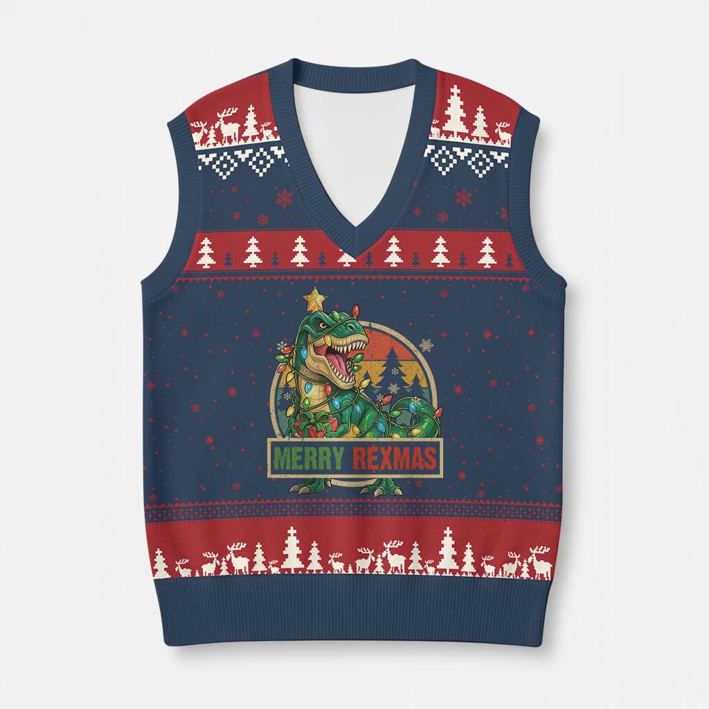 Funny Xmas Dinosaur V-Neck Knit Sweater Vest Merry Rexmas Dino Xmas Tree TS11 Navy Red Print Your Wear