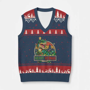 Funny Xmas Dinosaur V-Neck Knit Sweater Vest Merry Rexmas Dino Xmas Tree TS11 Navy Red Print Your Wear
