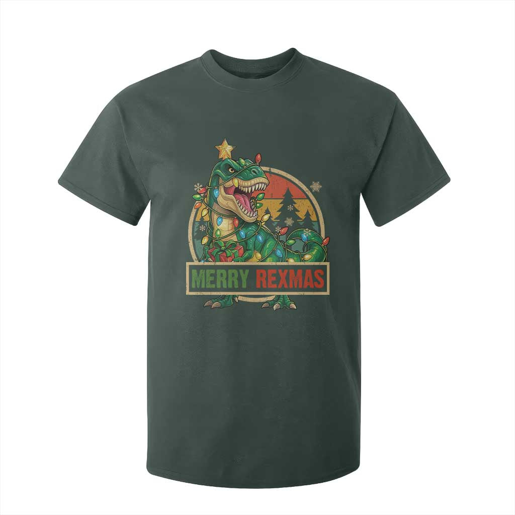 Funny Christmas Dinosaur T Shirt For Kid Merry Rexmas Dino Xmas Tree TS11 Dark Forest Green Print Your Wear