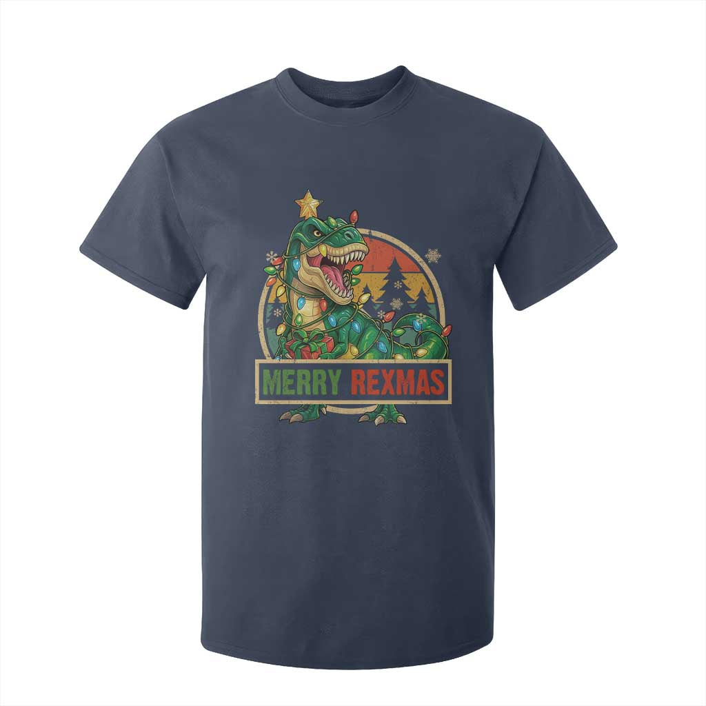 Funny Christmas Dinosaur T Shirt For Kid Merry Rexmas Dino Xmas Tree TS11 Navy Print Your Wear