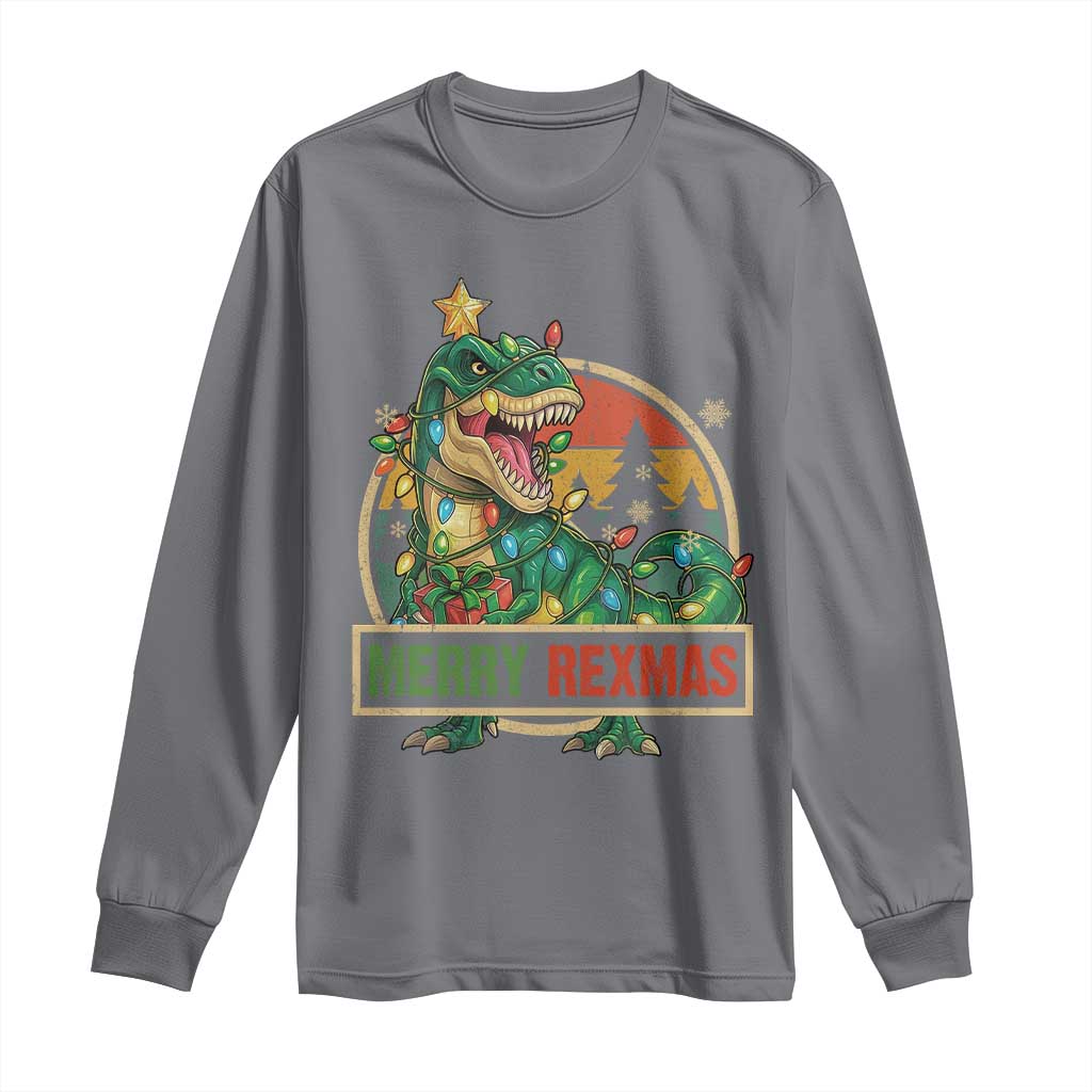 Funny Christmas Dinosaur Long Sleeve Shirt Merry Rexmas Dino Xmas Tree TS11 Charcoal Print Your Wear