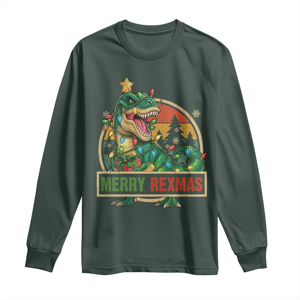 Funny Christmas Dinosaur Long Sleeve Shirt Merry Rexmas Dino Xmas Tree TS11 Dark Forest Green Print Your Wear