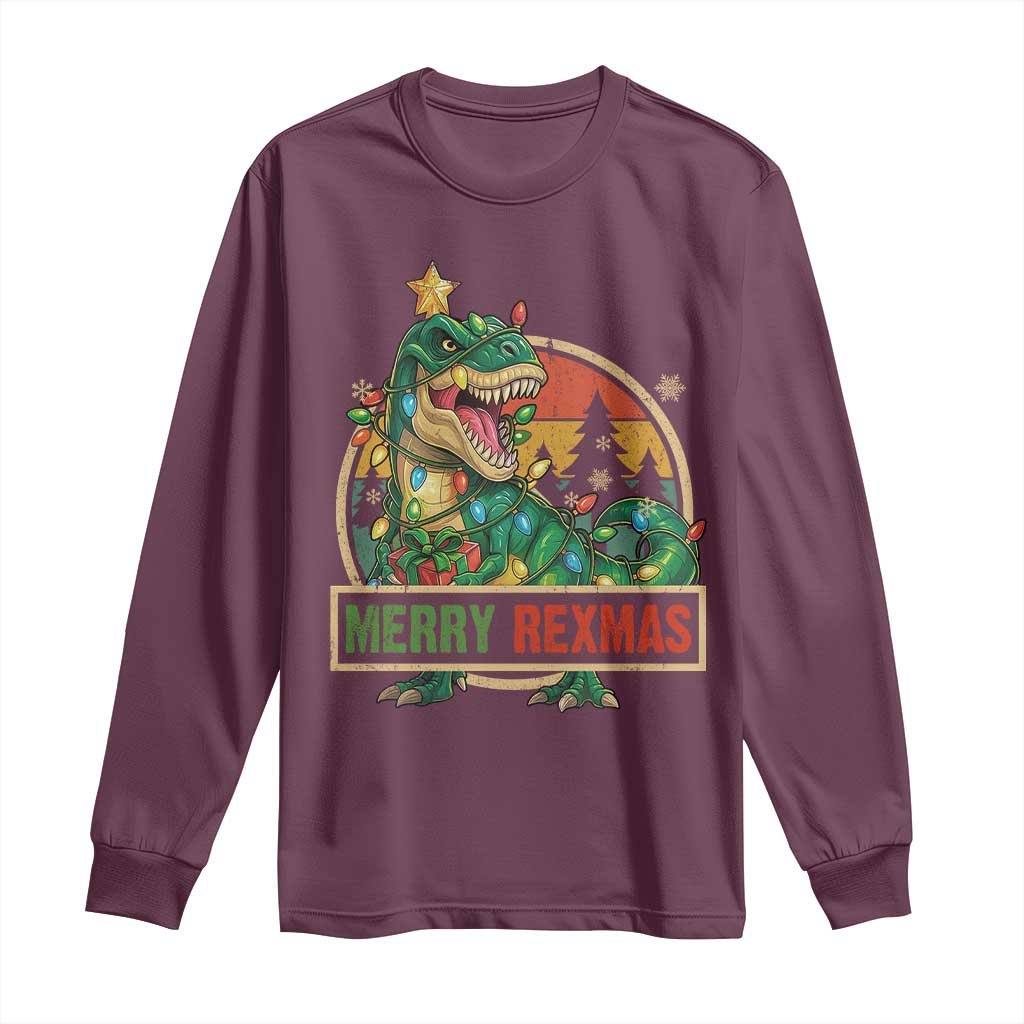 Funny Christmas Dinosaur Long Sleeve Shirt Merry Rexmas Dino Xmas Tree TS11 Maroon Print Your Wear