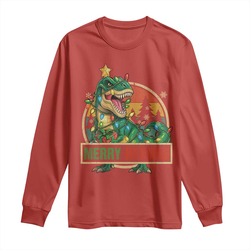 Funny Christmas Dinosaur Long Sleeve Shirt Merry Rexmas Dino Xmas Tree TS11 Red Print Your Wear