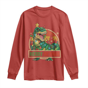 Funny Christmas Dinosaur Long Sleeve Shirt Merry Rexmas Dino Xmas Tree TS11 Red Print Your Wear
