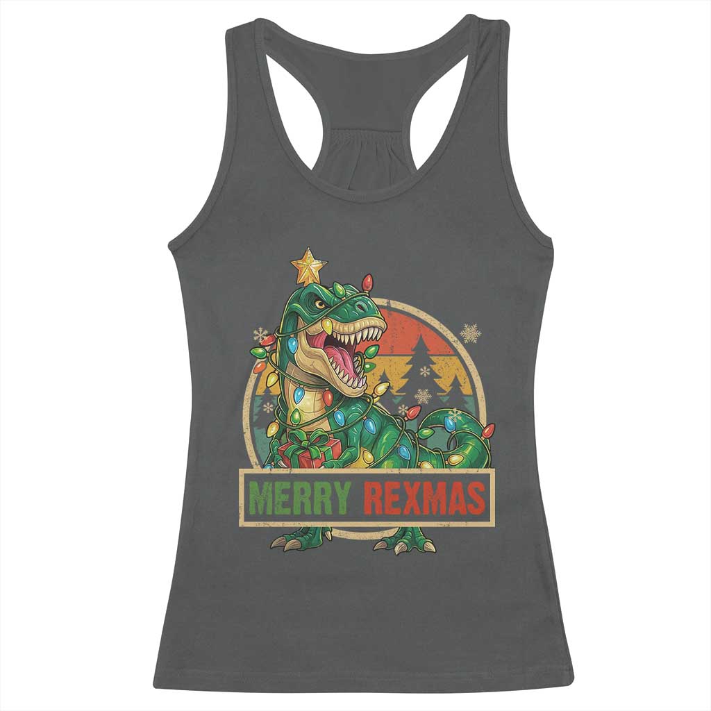 Funny Christmas Dinosaur Racerback Tank Top Merry Rexmas Dino Xmas Tree TS11 Dark Heather Print Your Wear
