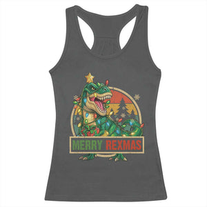 Funny Christmas Dinosaur Racerback Tank Top Merry Rexmas Dino Xmas Tree TS11 Dark Heather Print Your Wear