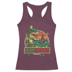 Funny Christmas Dinosaur Racerback Tank Top Merry Rexmas Dino Xmas Tree TS11 Maroon Print Your Wear