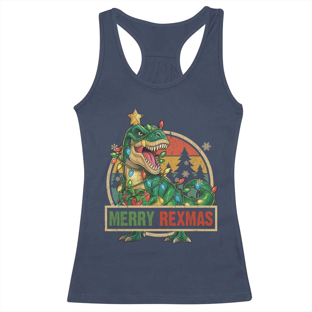 Funny Christmas Dinosaur Racerback Tank Top Merry Rexmas Dino Xmas Tree TS11 Navy Print Your Wear