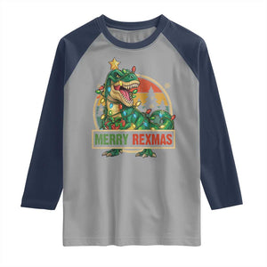 Funny Christmas Dinosaur Raglan Shirt Merry Rexmas Dino Xmas Tree TS11 Sport Gray Navy Print Your Wear