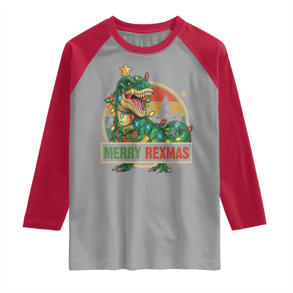 Funny Christmas Dinosaur Raglan Shirt Merry Rexmas Dino Xmas Tree TS11 Sport Gray Red Print Your Wear