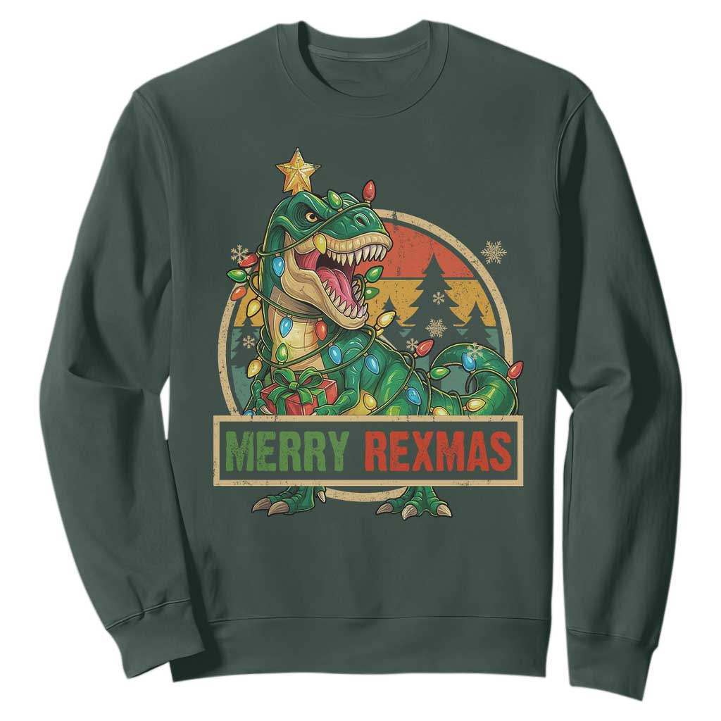 Funny Christmas Dinosaur Sweatshirt Merry Rexmas Dino Xmas Tree TS11 Dark Forest Green Print Your Wear