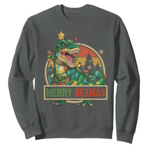 Funny Christmas Dinosaur Sweatshirt Merry Rexmas Dino Xmas Tree TS11 Dark Heather Print Your Wear