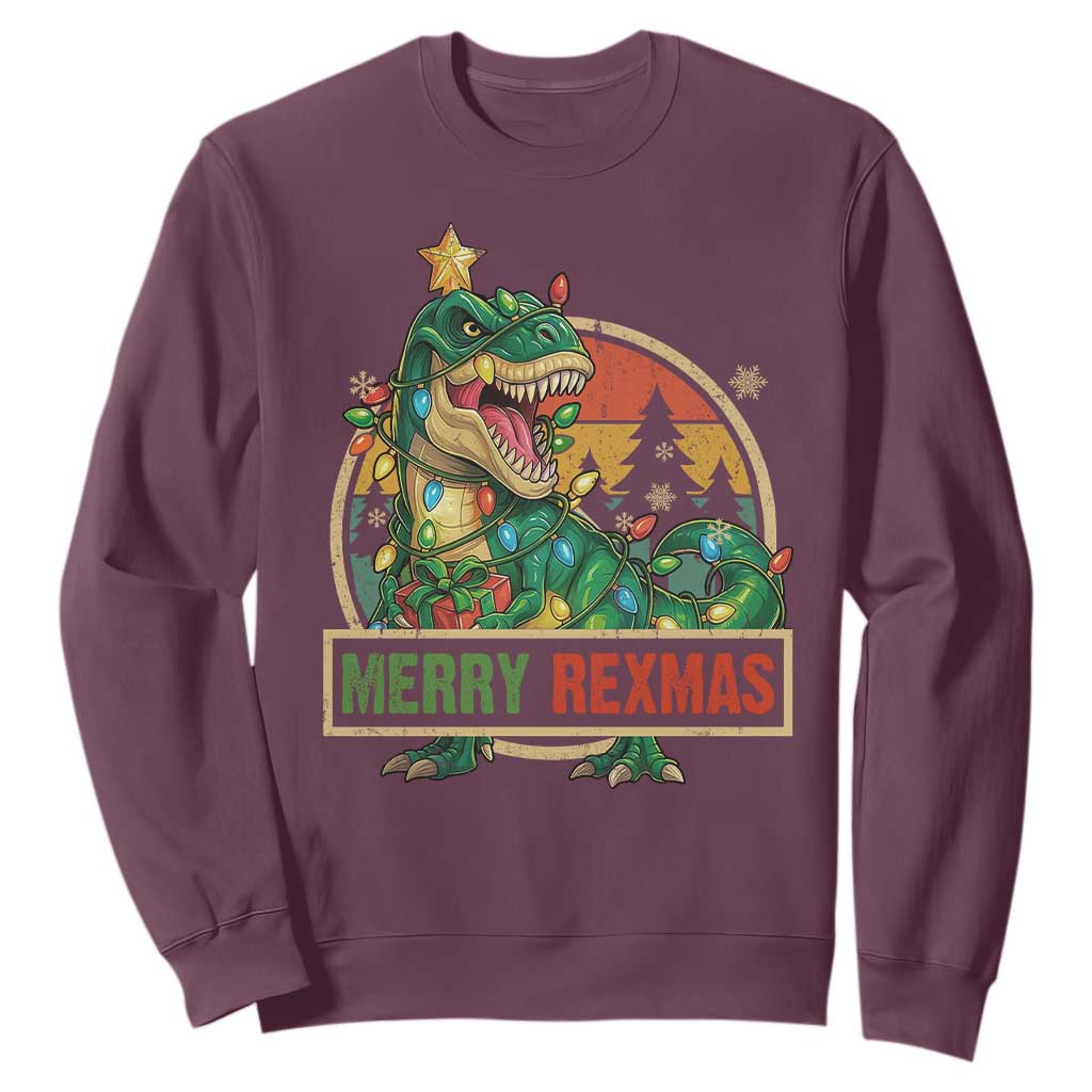 Funny Christmas Dinosaur Sweatshirt Merry Rexmas Dino Xmas Tree TS11 Maroon Print Your Wear