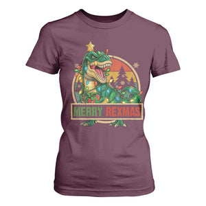 Funny Christmas Dinosaur T Shirt For Women Merry Rexmas Dino Xmas Tree TS11 Maroon Print Your Wear