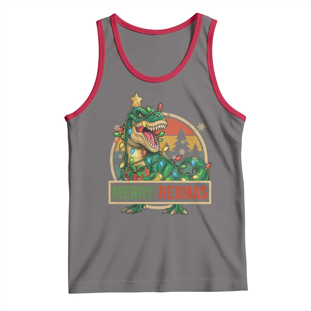 Funny Christmas Dinosaur Tank Top Merry Rexmas Dino Xmas Tree TS11 Deep Heather Red Print Your Wear