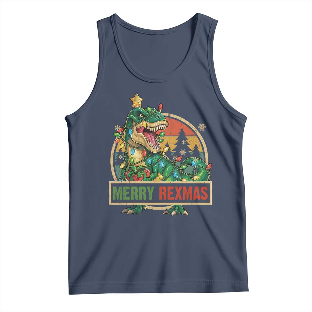 Funny Christmas Dinosaur Tank Top Merry Rexmas Dino Xmas Tree TS11 Navy Print Your Wear