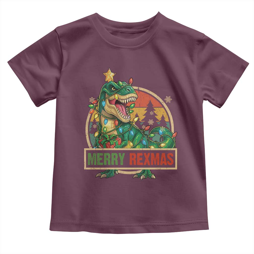 Funny Christmas Dinosaur Toddler T Shirt Merry Rexmas Dino Xmas Tree TS11 Maroon Print Your Wear