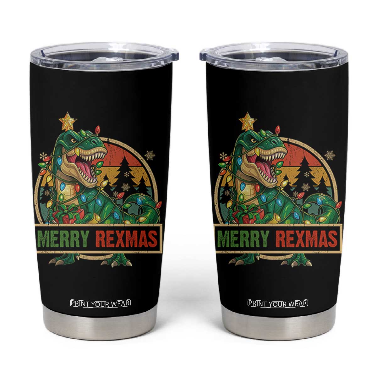 Funny Christmas Dinosaur Tumbler Cup Merry Rexmas Dino Xmas Tree - Print Your Wear