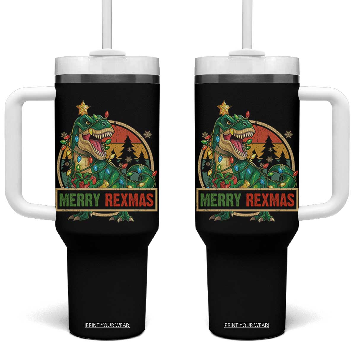 Funny Christmas Dinosaur Tumbler With Handle Merry Rexmas Dino Xmas Tree - Print Your Wear