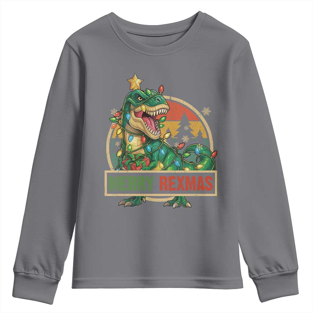 Funny Christmas Dinosaur Youth Sweatshirt Merry Rexmas Dino Xmas Tree TS11 Charcoal Print Your Wear