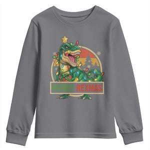 Funny Christmas Dinosaur Youth Sweatshirt Merry Rexmas Dino Xmas Tree TS11 Charcoal Print Your Wear