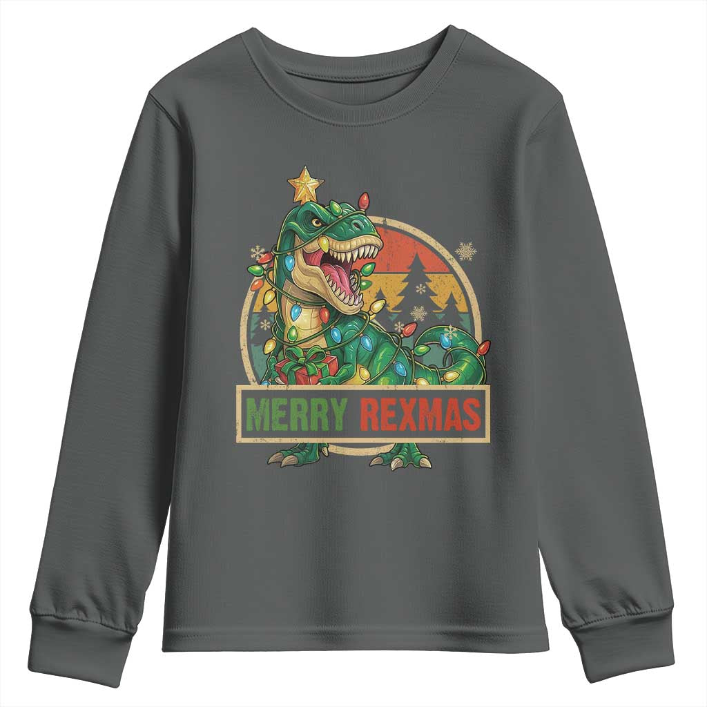 Funny Christmas Dinosaur Youth Sweatshirt Merry Rexmas Dino Xmas Tree TS11 Dark Heather Print Your Wear