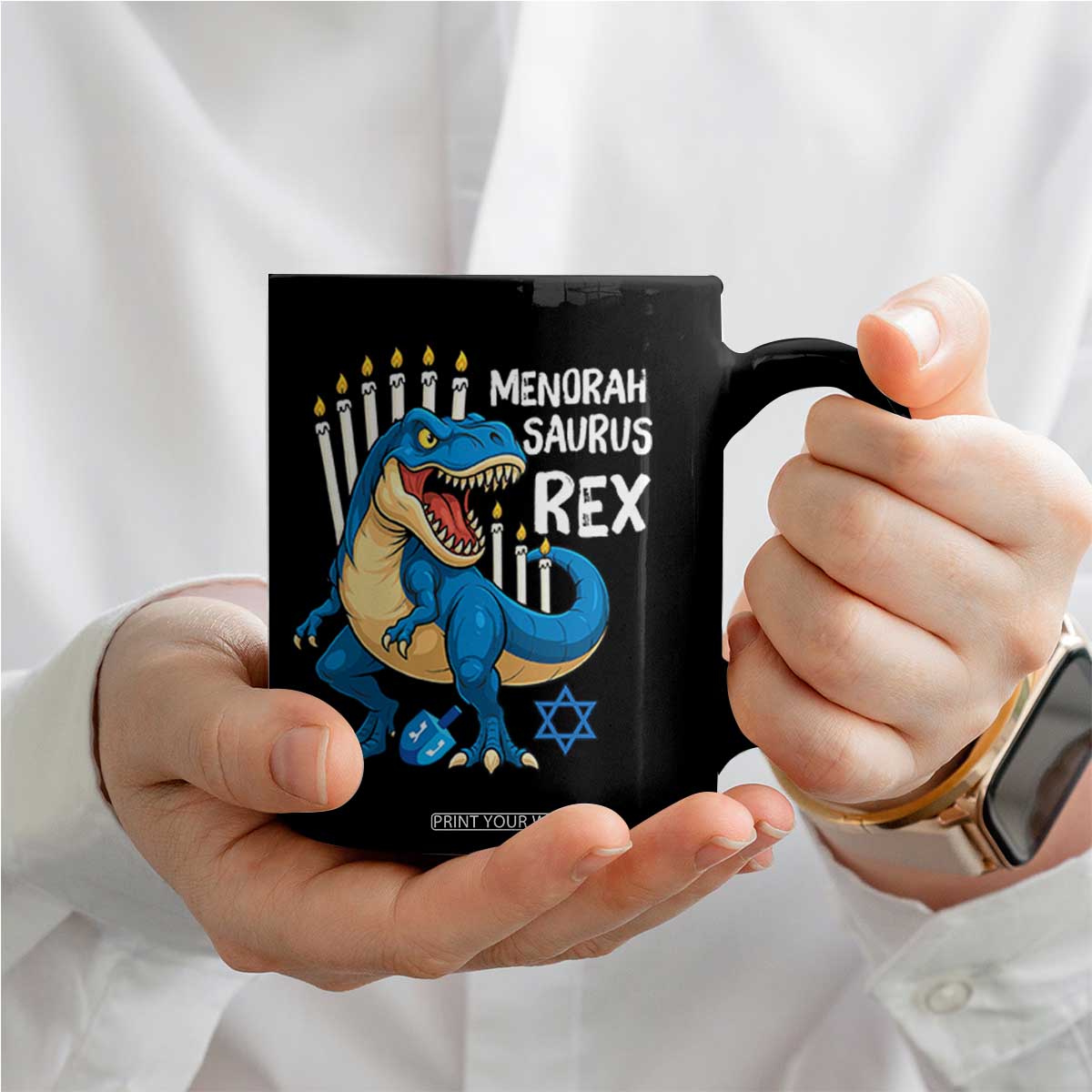 Funny Hanukkah Dinosaur Coffee Mug Menorasaurus Rex Jewish Holiday Chanukkah TS11 Print Your Wear