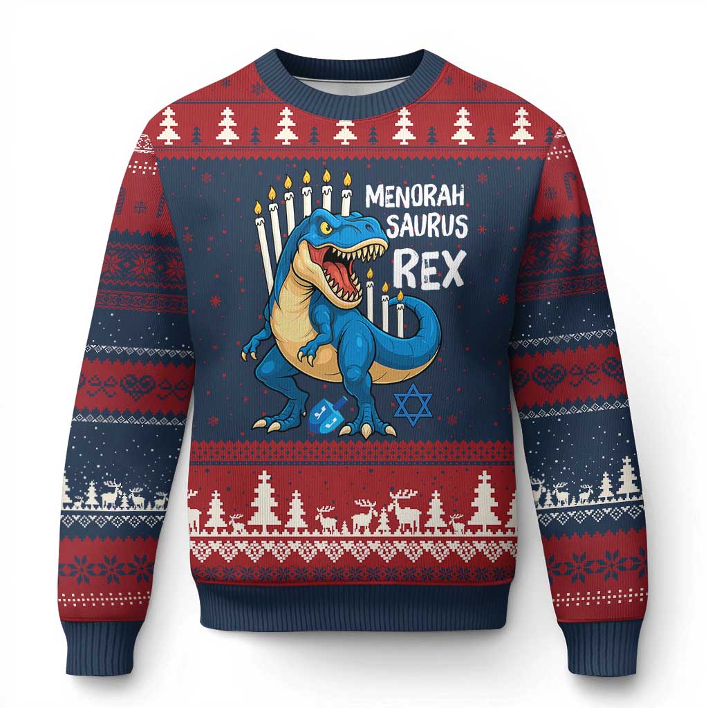Funny Hanukkah Dinosaur Ugly Christmas Sweater Menorasaurus Rex Jewish Holiday Chanukkah TS11 Navy Red Print Your Wear