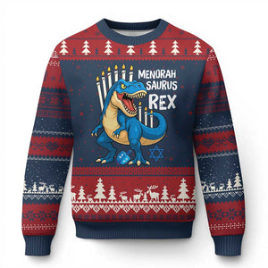 Funny Hanukkah Dinosaur Ugly Christmas Sweater Menorasaurus Rex Jewish Holiday Chanukkah TS11 Navy Red Print Your Wear