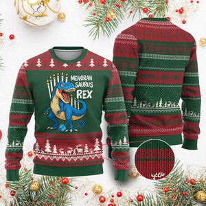 Funny Hanukkah Dinosaur Ugly Christmas Sweater Menorasaurus Rex Jewish Holiday Chanukkah TS11 Red Green Print Your Wear
