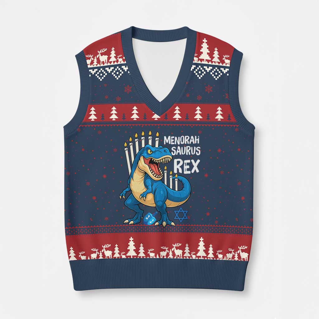 Funny Hanukkah Dinosaur V-Neck Knit Sweater Vest Menorasaurus Rex Jewish Holiday Chanukkah TS11 Navy Red Print Your Wear