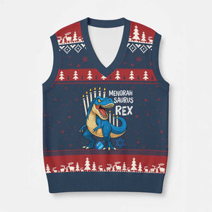 Funny Hanukkah Dinosaur V-Neck Knit Sweater Vest Menorasaurus Rex Jewish Holiday Chanukkah TS11 Navy Red Print Your Wear