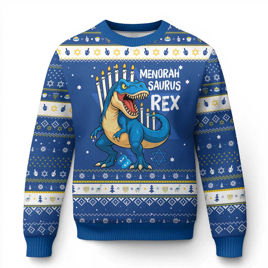 Funny Chanukah Dinosaur Hanukkah Ugly Sweater Menorasaurus Rex Jewish Holiday TS11 Blue White Print Your Wear