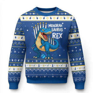 Funny Chanukah Dinosaur Hanukkah Ugly Sweater Menorasaurus Rex Jewish Holiday TS11 Blue White Print Your Wear